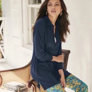 Navy Blue SOFT SURROUNDINGS Adventura Knit Polo Tunic Top Size M Petite